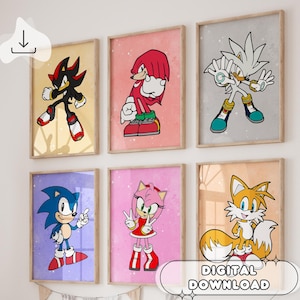 Juego de 6 pósteres de Sonic The Hedgehog: arte mural en acuarela, impresiones para niños, decoración de guardería, póster de Sonic, Amy Rose, a todo color, guardería