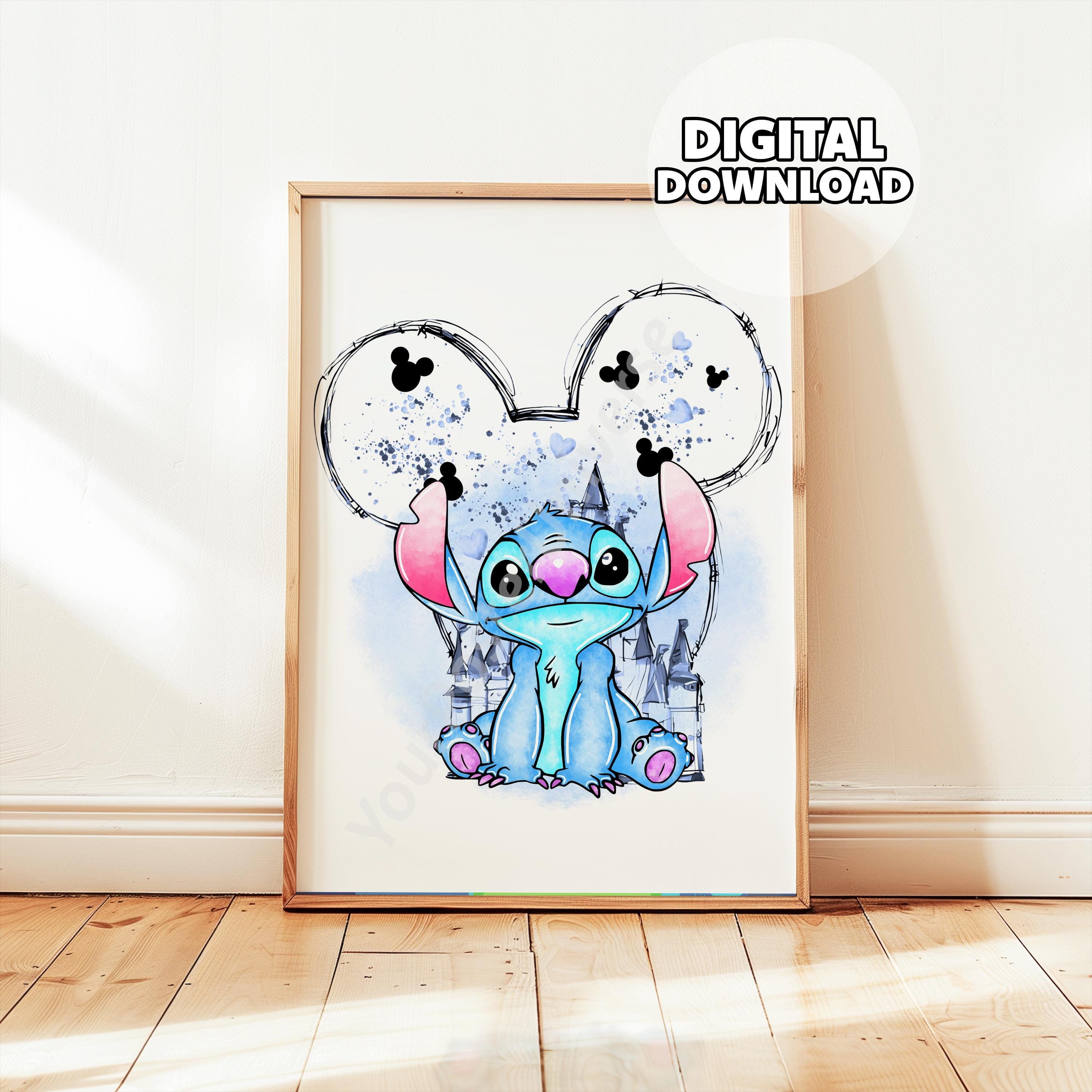 Impression de point pour chambre d'enfant - dessin Lilo & Stitch, Ohana signifie famille, cadeau pour enfants, cadeau d'anniversaire, cadeau de baby shower, oreilles de souris, aquarelle