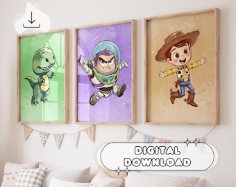 Juego de 3 carteles de Toy Story en acuarela: decoración de pared, impresiones para guardería, descarga digital, impresión artística, Woody, Buzz Lightyear, dinosaurio, sala de juegos
