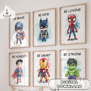 Juego de 6 impresiones de superhéroes para pared: impresiones para guardería, arte de pared, dormitorio infantil de superhéroes, regalo para niños, impresiones digitales, juego de pósteres con impresiones, sé inteligente