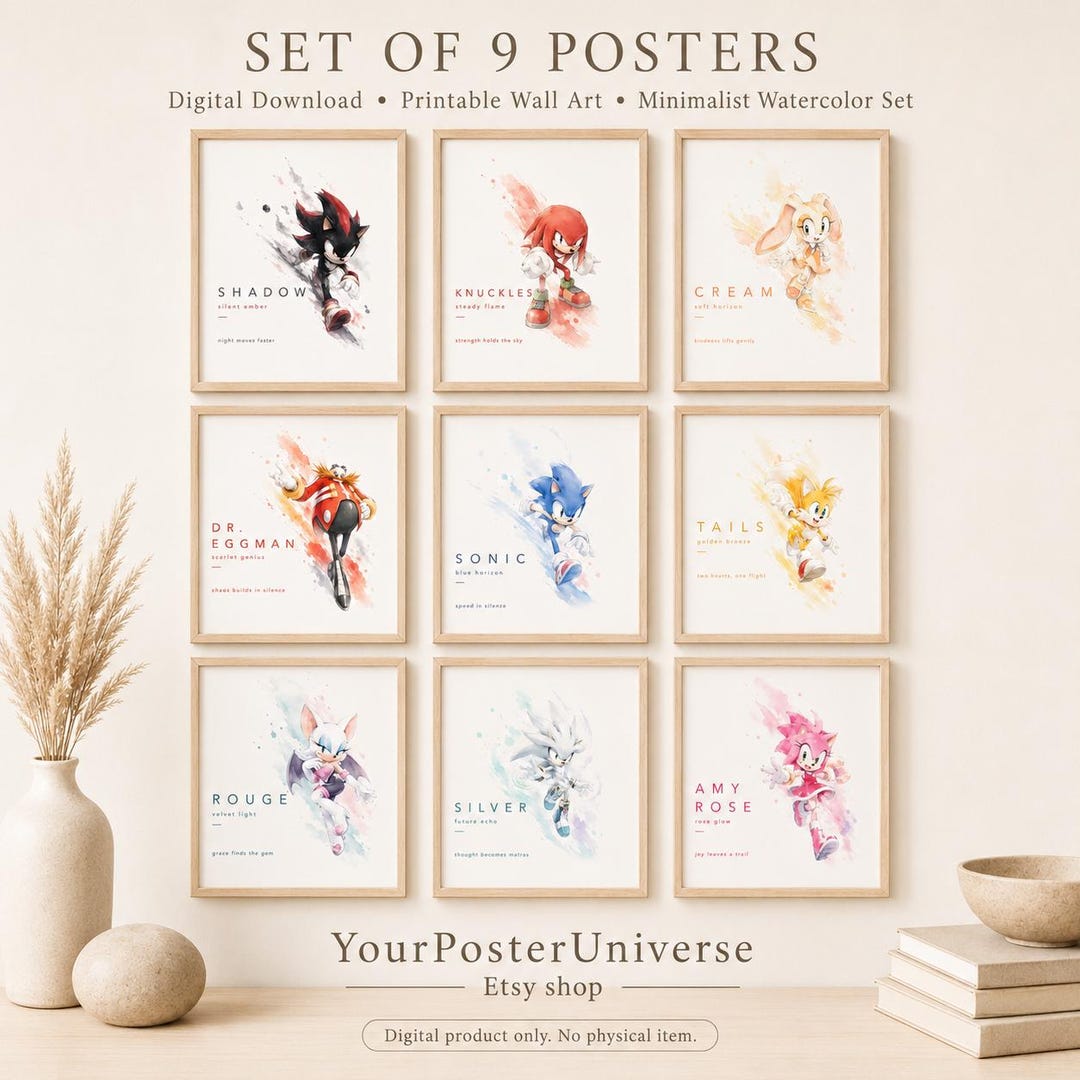 Sonic Watercolor Poster Set of 9, Minimalist Printable Wall Art, Tails ...