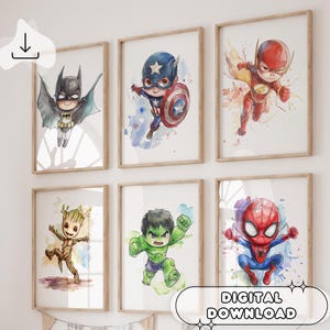 6 carteles de superhéroes para dibujar: impresión en acuarela, regalo para niños, decoración de superhéroes, dormitorio infantil, regalo para niños, decoración de fiestas, baby shower