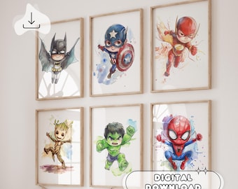 6 affiches de dessin de super-héros - Impression aquarelle, cadeau pour enfants, décoration de super-héros, chambre d&#39;enfants, cadeau pour garçons, décoration de fête, baby shower