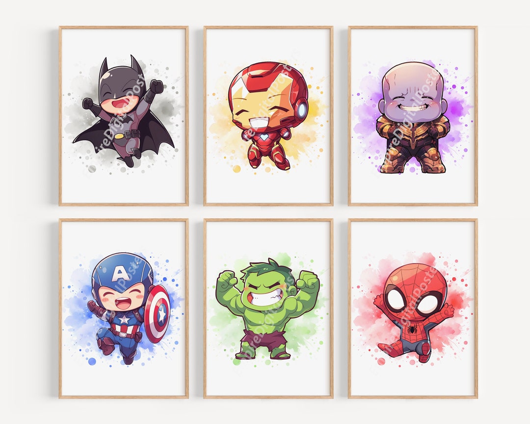 6 Drawing Superheroes Wall Art Nursery Decor, Digital Prints, Ready to