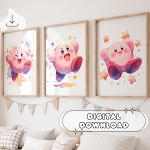 Set di 3 poster acquerello Kirby - Decorazione da parete, stile Chibi, decorazione per la cameretta dei bambini, regalo per bambini, stampa digitale, poster Kirby, arte murale stampabile