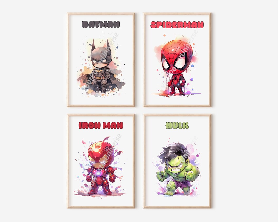 Set of 4 Superheroes Wall Art - Nursery Decor, Prints for Kids, Chibi ...