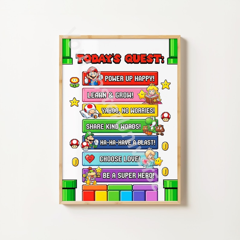Puede incluir: Un p&oacute;ster enmarcado con el texto "Today's Quest" y frases como "Power Up Happy!" y "Be a Super Hero!". El dise&ntilde;o incorpora personajes de dibujos animados y gr&aacute;ficos pixelados en un estilo vibrante y colorido.