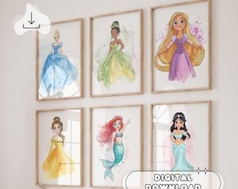 May include: Set of six digital printable images featuring Disney princesses in watercolor style. Each image features a different princess, including Cinderella, Belle, Ariel, Jasmine, Rapunzel, and Tiana. The images are perfect for decorating a child's room or creating personalized gifts.