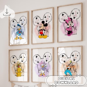 6 poster di Topolino e i suoi amici - orecchie da topo, pittura ad acquerello, Topolino e Minnie, decorazioni da fiaba, stampe per la cameretta dei bambini, arte murale per la cameretta dei bambini