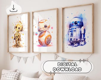Set van 3 Star Wars Droids - BB8, R2-D2, C-3PO, afdrukbare poster, digitale print, Star Wars kunst aan de muur, decor kinderkamer, feestdecor, kindercadeau