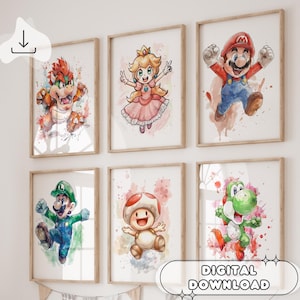 6 Super Mario Posters - Watercolor Mario Wall Art, Prints for Kids, Mario Decoration, Yoshi, Mario and Luigi, Drawing Posters, Party Decor