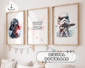 カスタム スターウォーズ ウォールアート - 保育園プリント、あなたの名前、パーソナライズされたポスター、すぐに印刷可能、印刷可能なスターウォーズ、ストームトルーパー、ダースベイダー