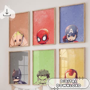 Juego de 6 impresiones de acuarela de superhéroes para pared: impresiones para guardería, decoración de pared para niños, impresión digital, decoración de dormitorio de superhéroes, regalo para niños, cumpleaños
