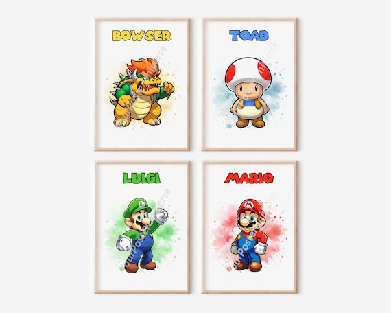 スーパーマリオブラザーズポスター4枚 - 壁飾り、水彩マリオとルイージ