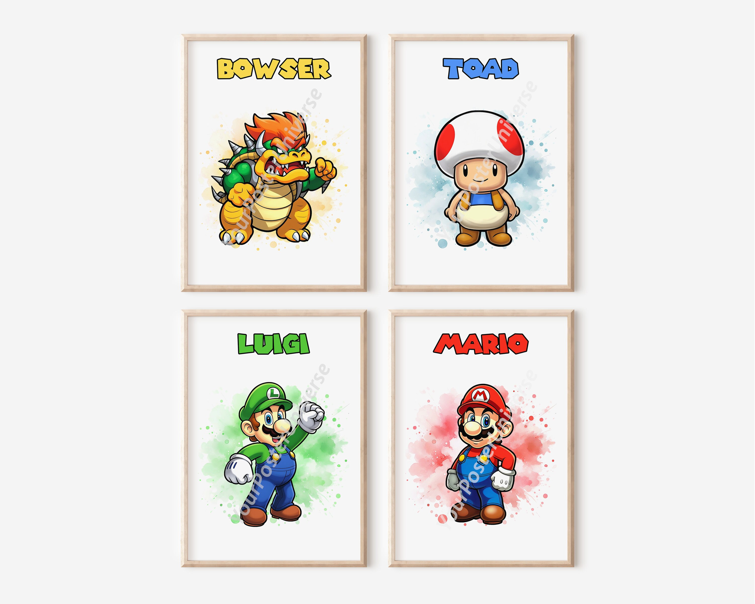 スーパーマリオブラザーズポスター4枚 - 壁飾り、水彩マリオとルイージ