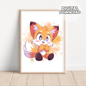 Chibi Tails Poster - Watercolor Painting, Prints for Kids, Playroom Decor, Decoration Room, Gift for Kids, Sonic The Hedgehog, Birthday