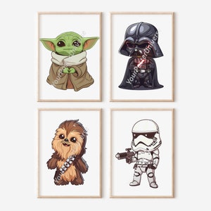 Cartoon Drawing Star Wars Wall Art - Chibi Style, Watercolor Poster, Prints for Kids, Digital Download, Baby Yoda Poster, Darth Vader, Decor