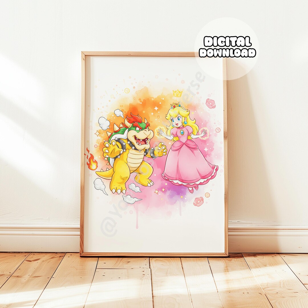 Watercolor Super Mario Bros Print - Hand-drawing Chibi Bowser Princess ...