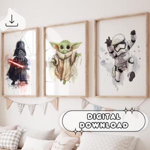 Set Of 3 Watercolor Star Wars Wall Art - Nursery Decor, Drawing Poster, Darth Vader, Kids Room, Baby Room Shower, Star Wars Gift, Digital