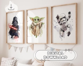 May include: Three digital prints featuring watercolour illustrations of Star Wars characters. The prints are framed in light wood frames and are hung on a white wall. The characters are Darth Vader, Yoda, and a Stormtrooper.