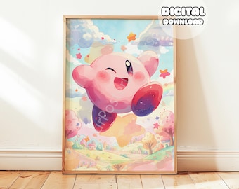 Watercolor Kirby World Poster - Nursery Kirby Poster, Baby Shower, Kids Room Decor, Gaming Room, Toddler Room, Digital Download, Cute kirby