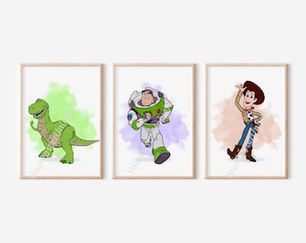 Lot de 3 impressions Toy Story - affiches pour enfants, Woody, T-rex, Buzz l'Éclair, cadeau de baby shower, décoration de salle de jeux, art mural aquarelle