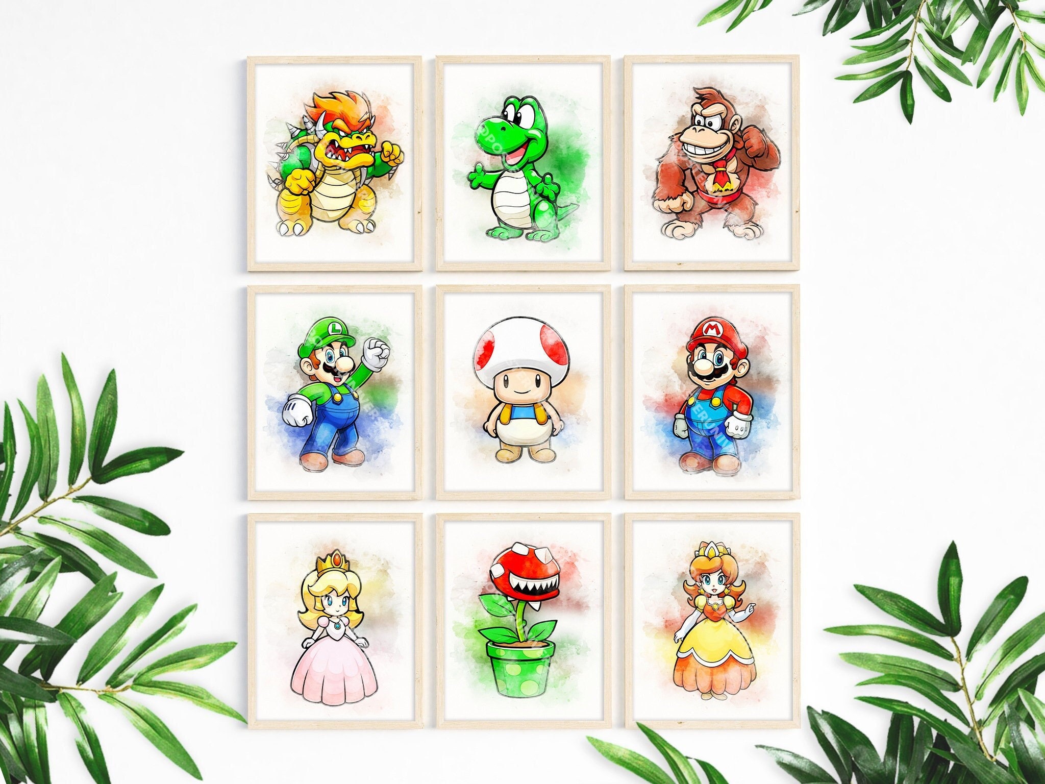 Set of 9 Super Mario Bros Character - Watercolor Painting, Cute Wall ...
