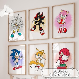 Juego de 6 pósteres de Sonic The Hedgehog: arte mural en acuarela, impresiones para niños, decoración de guardería, póster de Sonic, Amy Rose, listo para imprimir