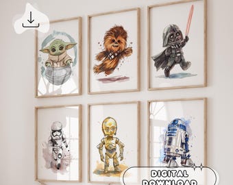 Set Of 6 Drawing Star Wars Posters - Star Wars Wall Art, Star Wars Decoration Prints, Gift for Kids, Kids Room Decor, Party Decor, Baby Art