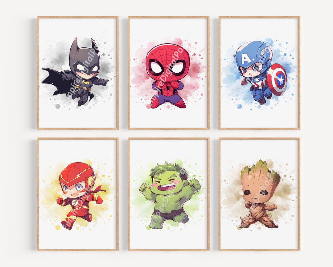 6 Drawing Superheroes Wall Art Nursery Prints, Gift for Kids, Superhero ...