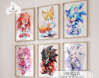 May include: Six framed watercolor prints featuring characters from the Sonic the Hedgehog series. The characters include Sonic, Tails, Knuckles, Amy Rose, Shadow, and Silver. Each print has a light wooden frame and a white background. The words "DIGITAL DOWNLOAD" are at the bottom.
