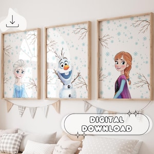 3 impresiones minimalistas de Frozen: decoración de guardería, arte de pared de Frozen, princesa Elsa, Olaf, Anna, regalo para niñas, decoración de habitación de niñas, arte para baby shower