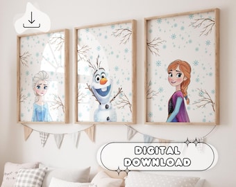 3 Minimalist Frozen Prints - Nursery Decor, Frozen Wall Art, Princess Elsa, Olaf, Anna, Gift for Girls, Girls Room Decor, Baby Shower Art