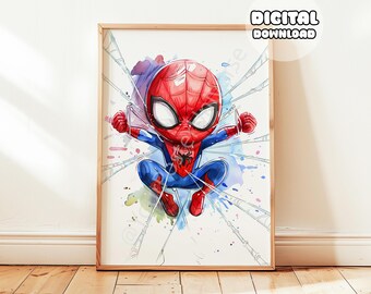 Poster acquerello di supereroi ragno - a tema ragnatela, poster di supereroi Avengers, regalo per bambini, decorazione per la sala giochi dei ragazzi