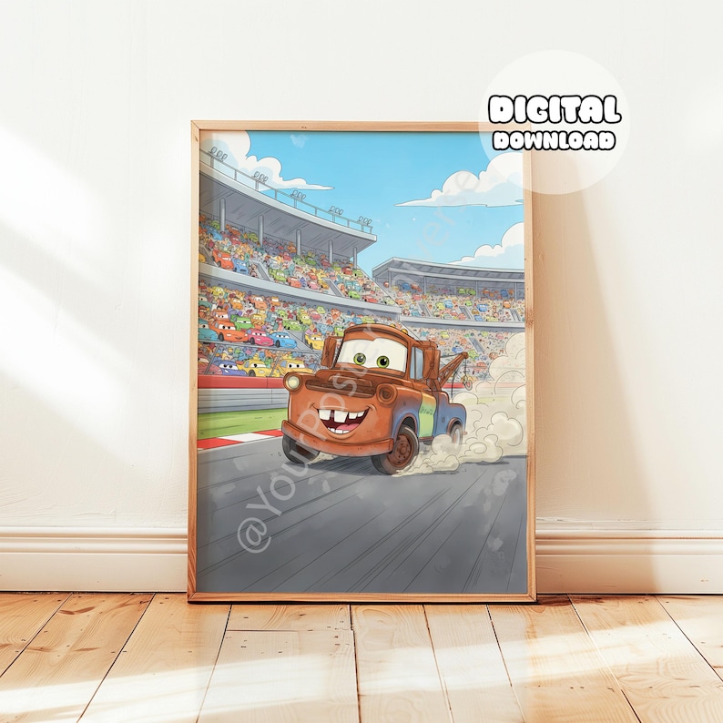 May include: A framed digital download print featuring a cartoon illustration of Mater from the Cars movie. Mater, a brown tow truck, is racing on a track, kicking up dust. The background shows a stadium filled with animated cars and spectators under a blue sky.
