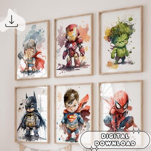 Conjunto de póster de superhéroes en acuarela: imágenes prediseñadas de superhéroes, impresiones para guarderías, arte de pared, decoración de paredes, impresiones imprimibles, descarga digital, habitación de niños