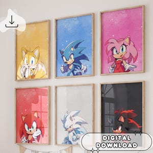 6 carteles de Sonic en acuarela: decoración de pared, decoración de habitación infantil, regalo para niños, decoración de dormitorio infantil, sala de juegos, sala de juegos, Tails Sonic