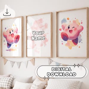 Conjunto de 3 pôsteres personalizados do Kirby - Decoração de parede, seu nome, pôster personalizado, impressões para crianças, impressão digital, pronto para imprimir, decoração do Kirby