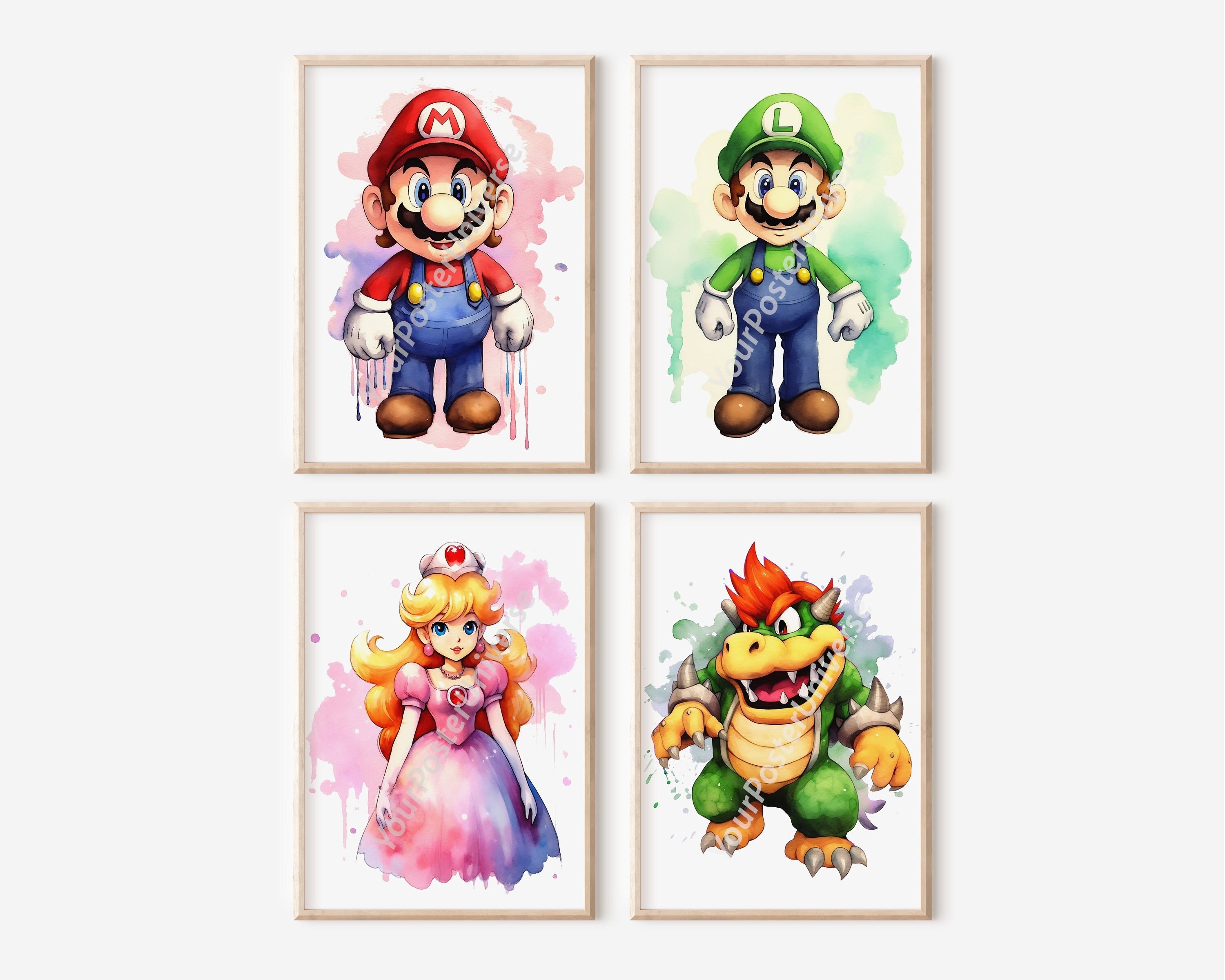 Set of 4 Super Mario Wall Art - Watercolor Painting, Princess Peach ...
