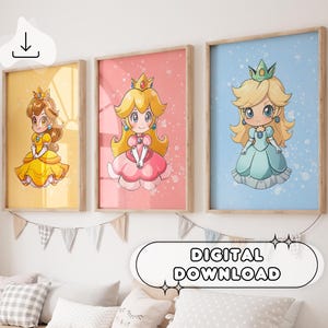 Chibi Super Mario Princesses Plakaty - Wydruk cyfrowy, Plakat akwarelowy, Dekoracja pokoju dziecięcego, Prezent dla dziewczynki, Gotowy do druku, Księżniczka Peach, Daisy