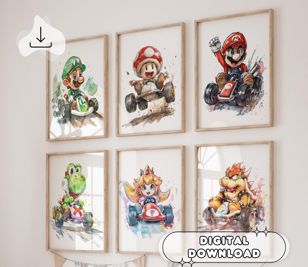 Set of 6 Super Mario Kart - Nursery Prints, Wall Art, Mario and Luigi ...