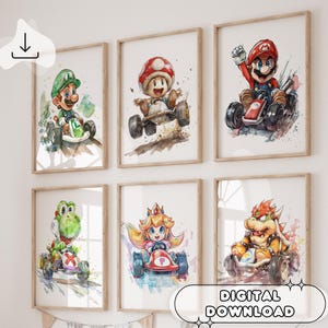 Juego de 6 impresiones de Super Mario Kart para guardería, arte de pared, póster infantil de Mario y Luigi, regalo para niños, impresión digital, juego de pósteres imprimibles