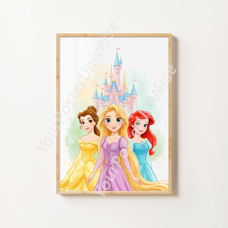Drawing 3 Princesses Castle Poster, Princess Fairy Tale, Watercolor ...