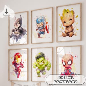 Set Of 6 Superhero Wall Art - Nursery Prints, Wall Art, Superhero Kids bedroom, Gift For Kids, Digital Prints, Printable Poster Set, Shower