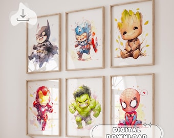 Lot de 6 oeuvres d&#39;art murales super-héros - impressions pour chambre de bébé, art mural, chambre d&#39;enfants super-héros, cadeau pour enfants, impressions numériques, ensemble d&#39;affiches imprimables, douche