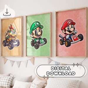 Lot de 3 affiches aquarelles de Mario Kart - Mario et Luigi, Bowser, art mural, décoration de chambre d'enfant, impressions pour enfants, baby shower, décoration Super Mario