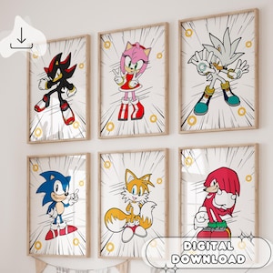 Set van 6 Sonic the Hedgehog-afdrukken - animefilm, prints voor kinderen, kinderkamerdecoratie, Sonic-poster, staarten, klaar om af te drukken, Sonic-cadeau
