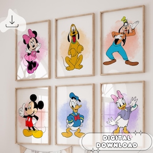 6 affiches aquarelles de Mickey et ses amis - chambre de bébé, souris, Mickey et Minnie, décoration de chambre d'enfant, cadeau de baby shower, téléchargement numérique, imprimable