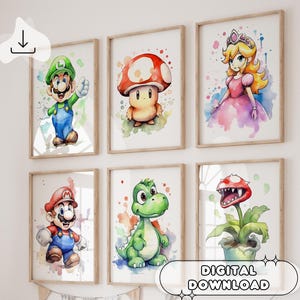 Set Of 6 Watercolor Mario - Prints for Kids, Wall Decor, Nursery Decor, Kids Room, Retro Games, Gaming Room, Mario and Luigi, Printable Art