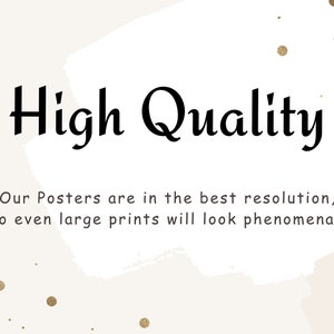 Puede incluir: Un dise&ntilde;o de p&oacute;ster con las palabras "High Quality" en negro. El texto est&aacute; sobre un fondo beige claro con motas doradas. El p&oacute;ster promete impresiones de alta resoluci&oacute;n.